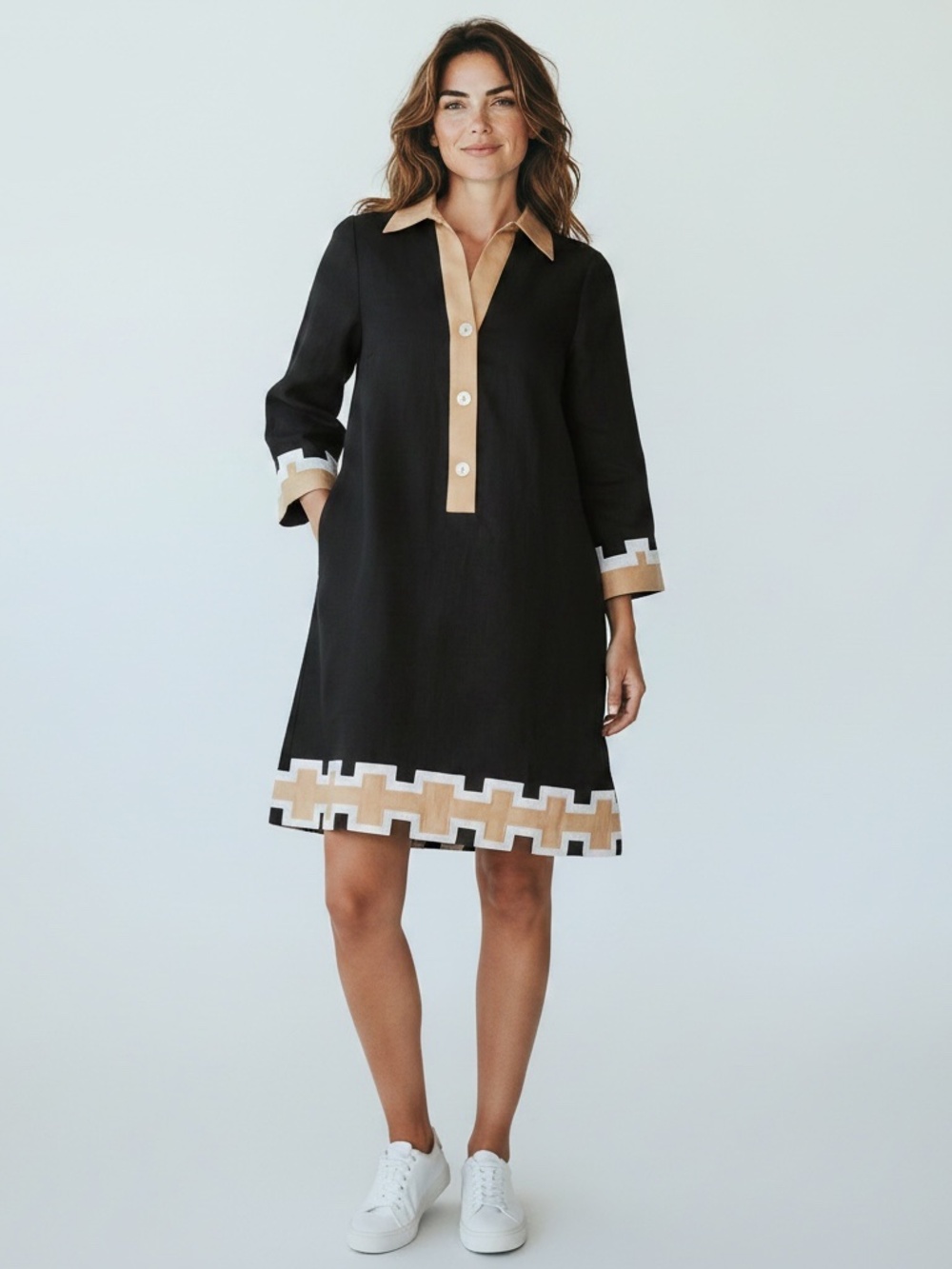 Tuckernuck Atlantic-Pacific Linen Shift Dress Black & Tan Trim Size M EUC!